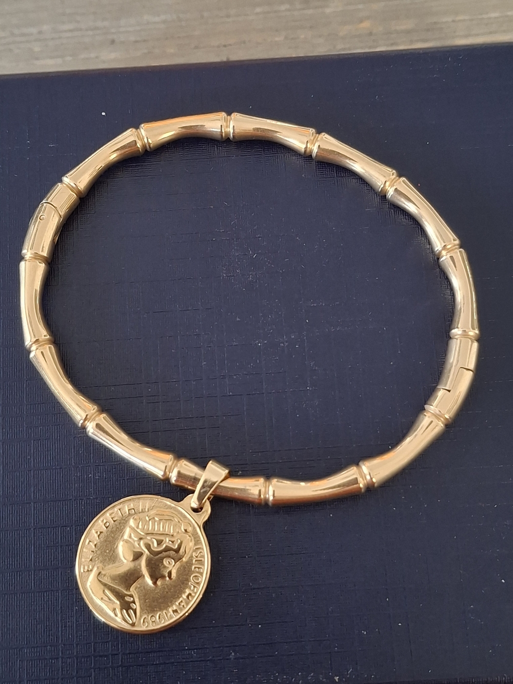 Gold Bamboo Hoop Bracelet with Coin Charm - Picture 2 of 3